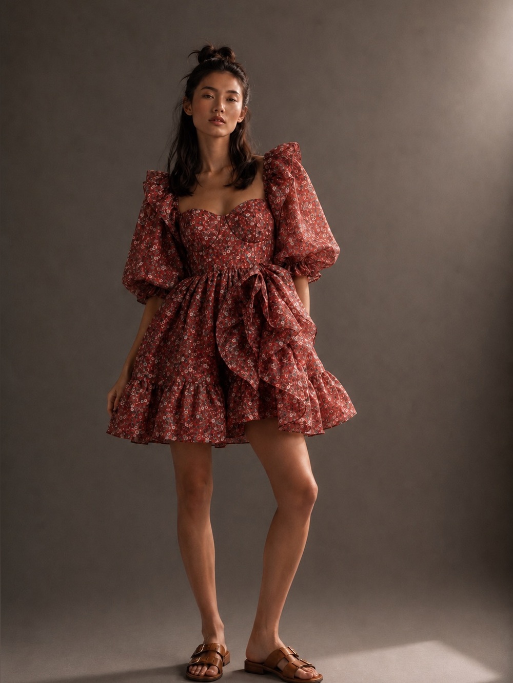 Selkie Floral Organza Puff Sleeve Mini Dress Cottagecore